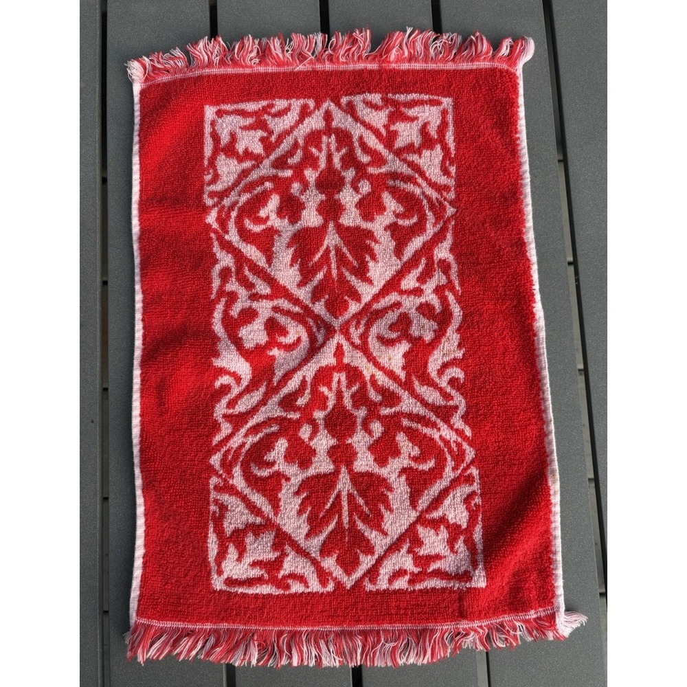 Vintage single hand towel Martex Towels of Elegance fringed red and pink 1970's